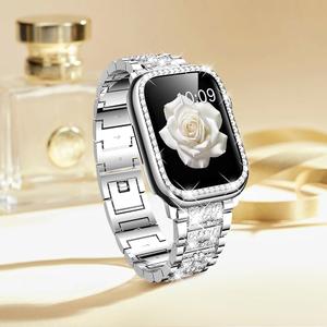 Mosonio Compatible with Apple Watch Band 44mm  with 2 Pack Case Women, Jewelry Replacement Metal Bands Strap with Bling PC Protective Case