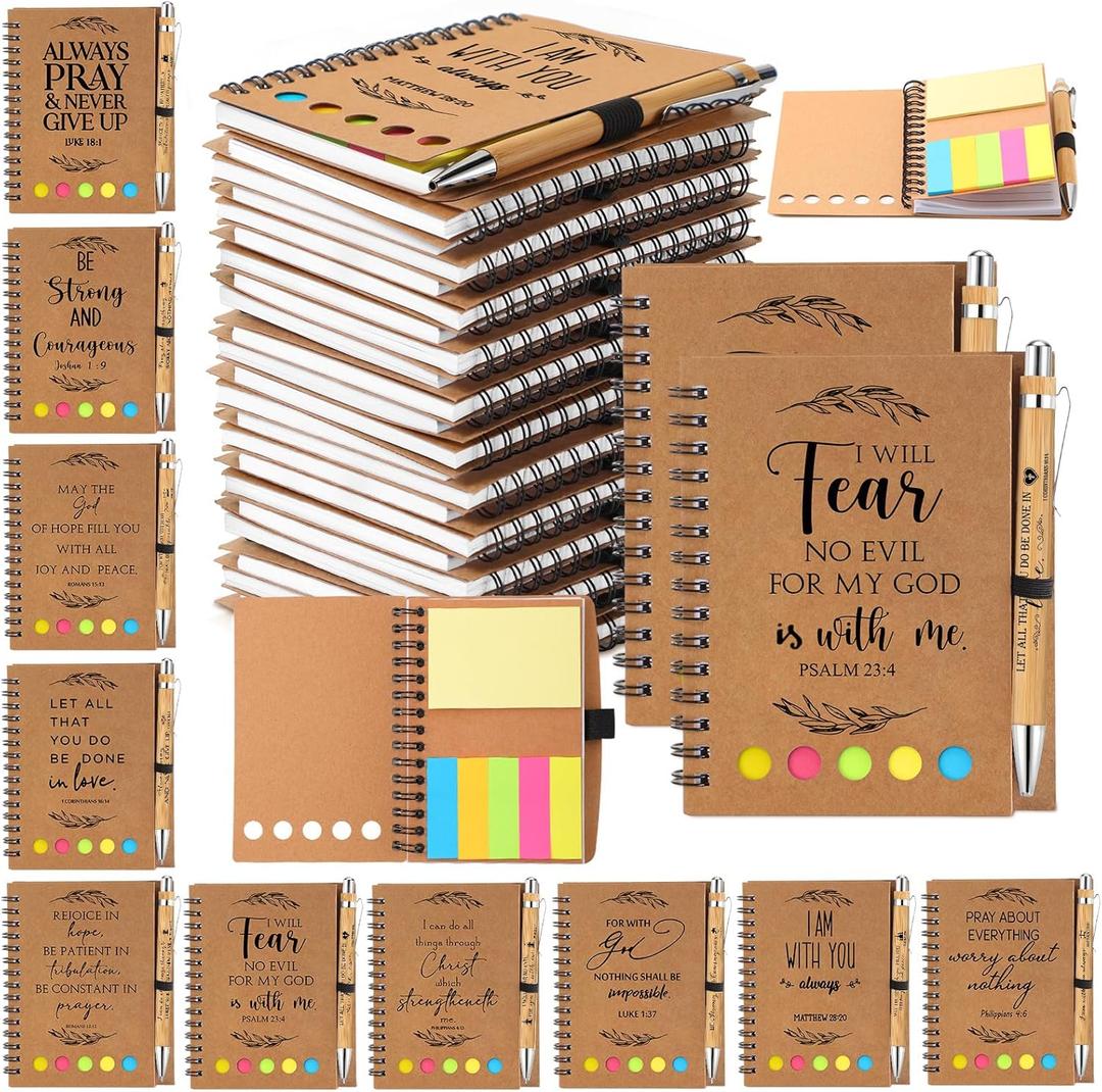 Kosiz 40 Pcs/20 Set Christian Gift Bulk Bible Verse Bamboo Pen Spiral Bible Notebook with Notes Religious Basket Stuffers for Fathers Day Women Men Church Members Coworker Teacher (Kraft)