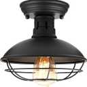 Farmhouse Flush Mount Ceiling Light - Easric Industrial Ceiling Light Fixture Rustic Black Metal Cage Close to Ceiling Lamp E26 Base for Hallway Foyer Kitchen Porch