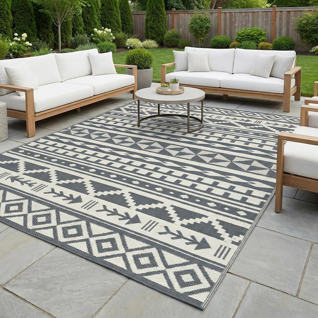 Outdoor Rug Geometric Black and White 9x12 Waterproof | Extra Large Reversible Plastic Straw Outdoor Patio Rug 0.13" Thick for Big Space