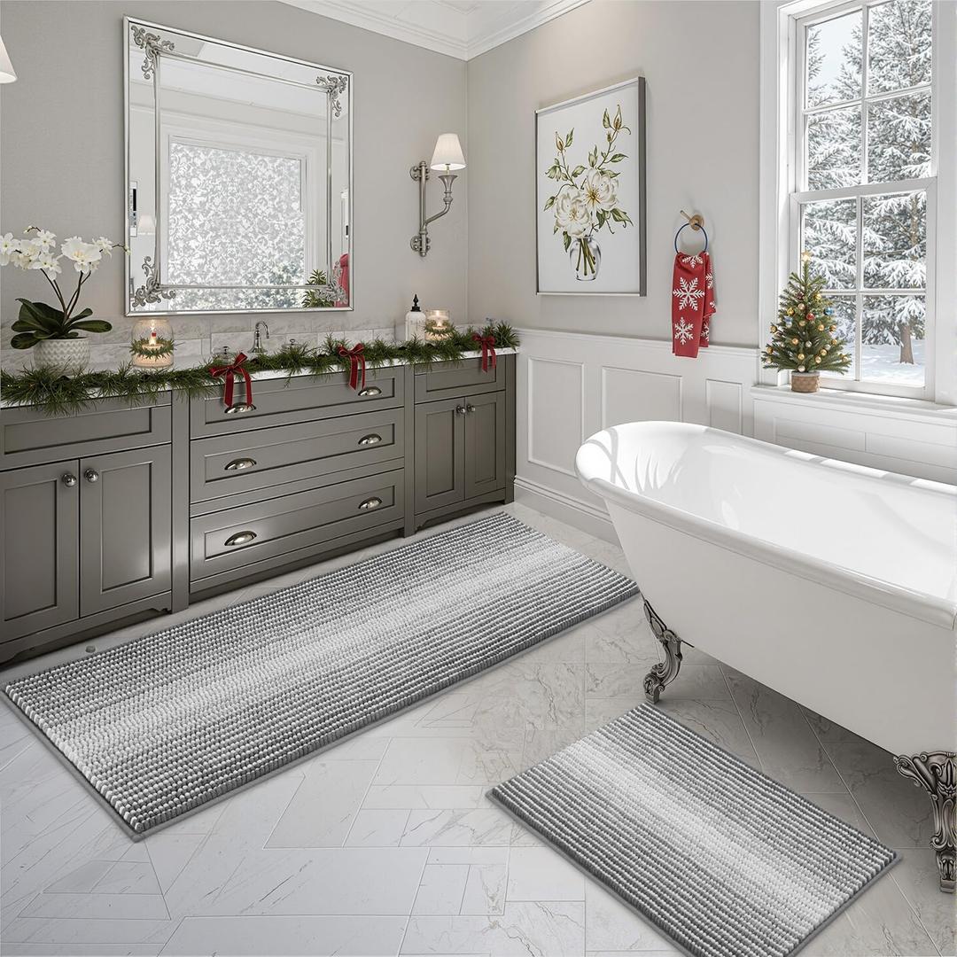 BSICPRO Bathroom Rugs and Mats Sets, 2 Piece Thick Absorbent Chenille Bath Mat Rug Set Non Slip, Soft Shaggy Bath Room Floor Mats for Bathroom, Machine Washable (Gray, 20" x 60" Plus 20" x 32") (Grey)