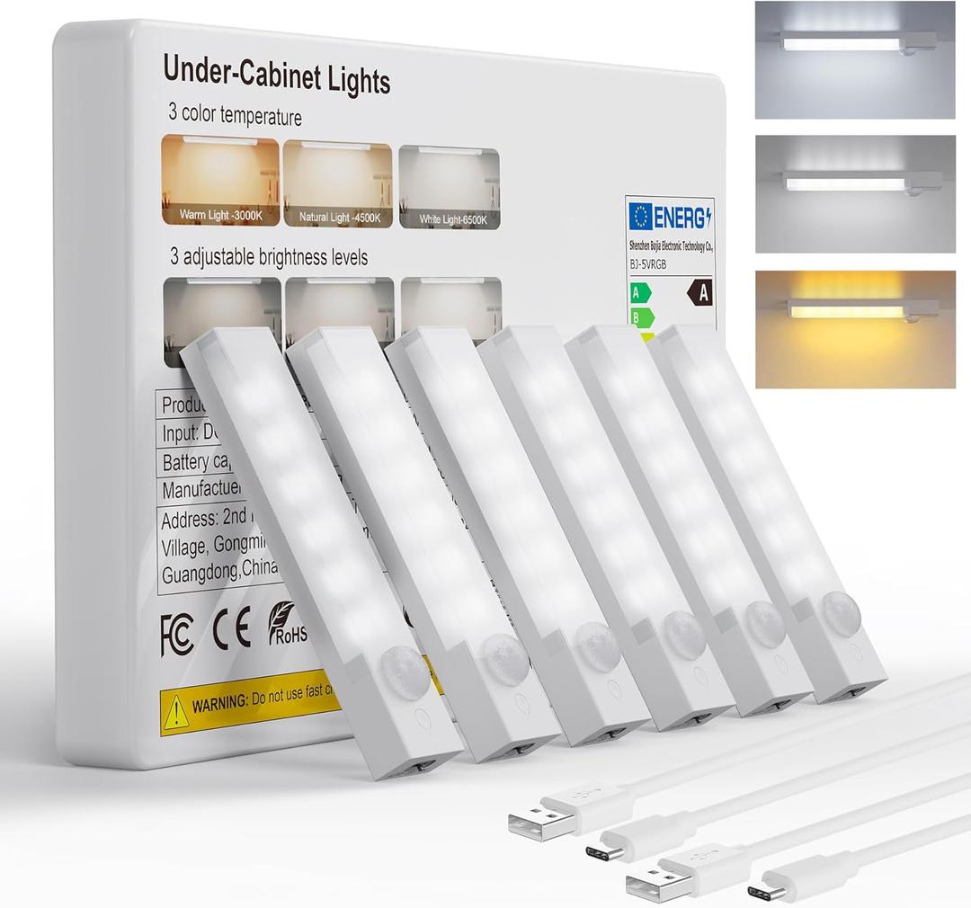Under Cabinet Lighting 4 Inches Rechargeable Motion Sensor Light Indoor, 3 Color Dimmable Closet Light Battery Operated, USB Stick on LED Magnetic Under Counter Lights for Kitchen Stair, 6 Packs