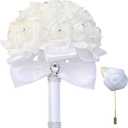 Wedding Bouquet - Artificial Roses with Crystal Diamond Soft Ribbons, Bridal Flowers for Bride & Bridesmaids, Hand Toss Bouquet (White)
