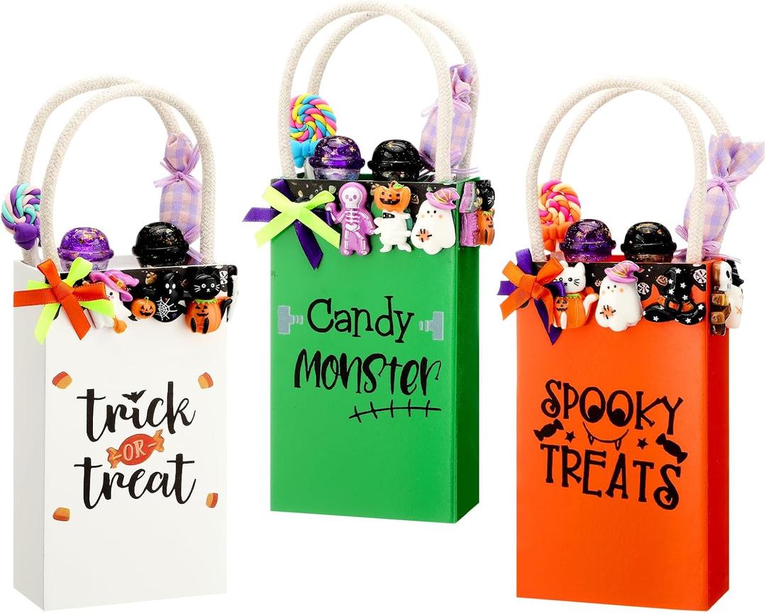 Amyhill 3 Pcs Halloween Wooden Table Centerpiece Decor for Home Trick or Treat Fake Candy Tiered Tray Decor Wood Treat Bags Tabletop Shelf Sitter for Halloween Home Shelf Party Supplies