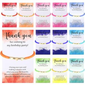 Huquary 12 Sets Birthday Bracelets Beaded Rainbow Clay Bracelet with Thank You Card Birthday Gifts for Party Favor Supplies Bags Suffer with Different Themes (Heart)