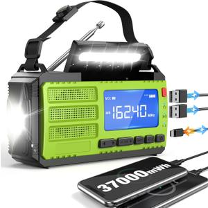 10000wAh/37000mWh Hand Crank Emergency Radio, AM FM NOAA Weather Alert Radio, Portable, Solar, 4 Charging Methods, 3-Mode Flashlight, Reading Lamp, SOS Alarm, Phone Charger for Winter Storm Emergency (10000mAh Green - LCD Display)