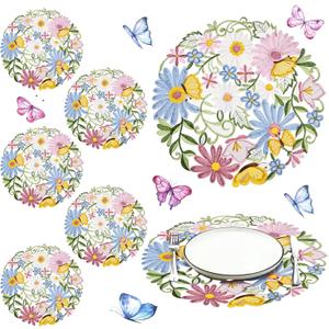 Tudomro 6 Pcs 14'' Spring Round Placemats Easter Flower Embroidered Doilies Daisy Table Placemat for Home Dining Holiday Kitchen Table Decoration