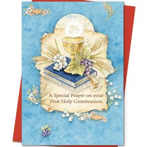 3 x First Holy Communion Prayer Card, Catholic Communion Gift for Boys and Girls, Blue Chalice Design