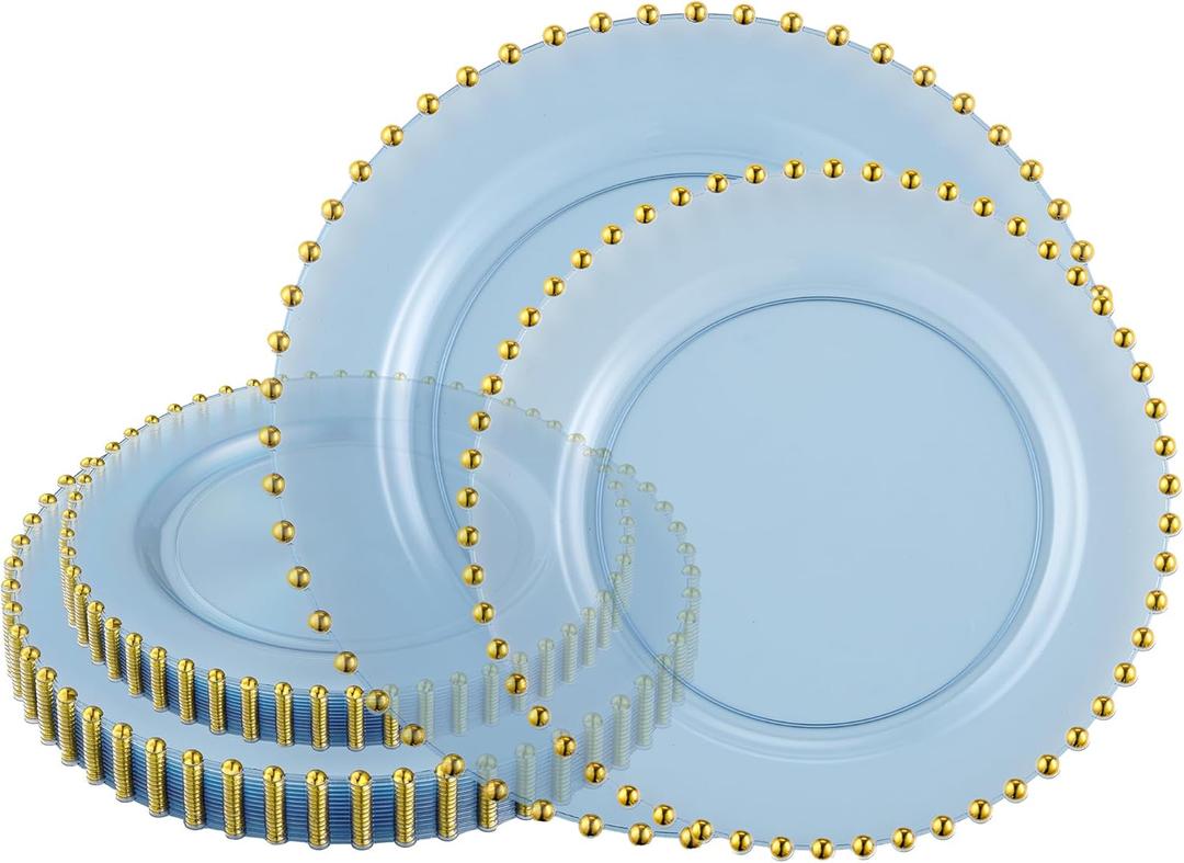 PLASTICPRO 32 Piece Combo Plastic Dinner Plates Disposable Plastic Fancy Heavy Duty Party Dishes 7 inch and 10 inch, Translucent Blue and Gold Beaded