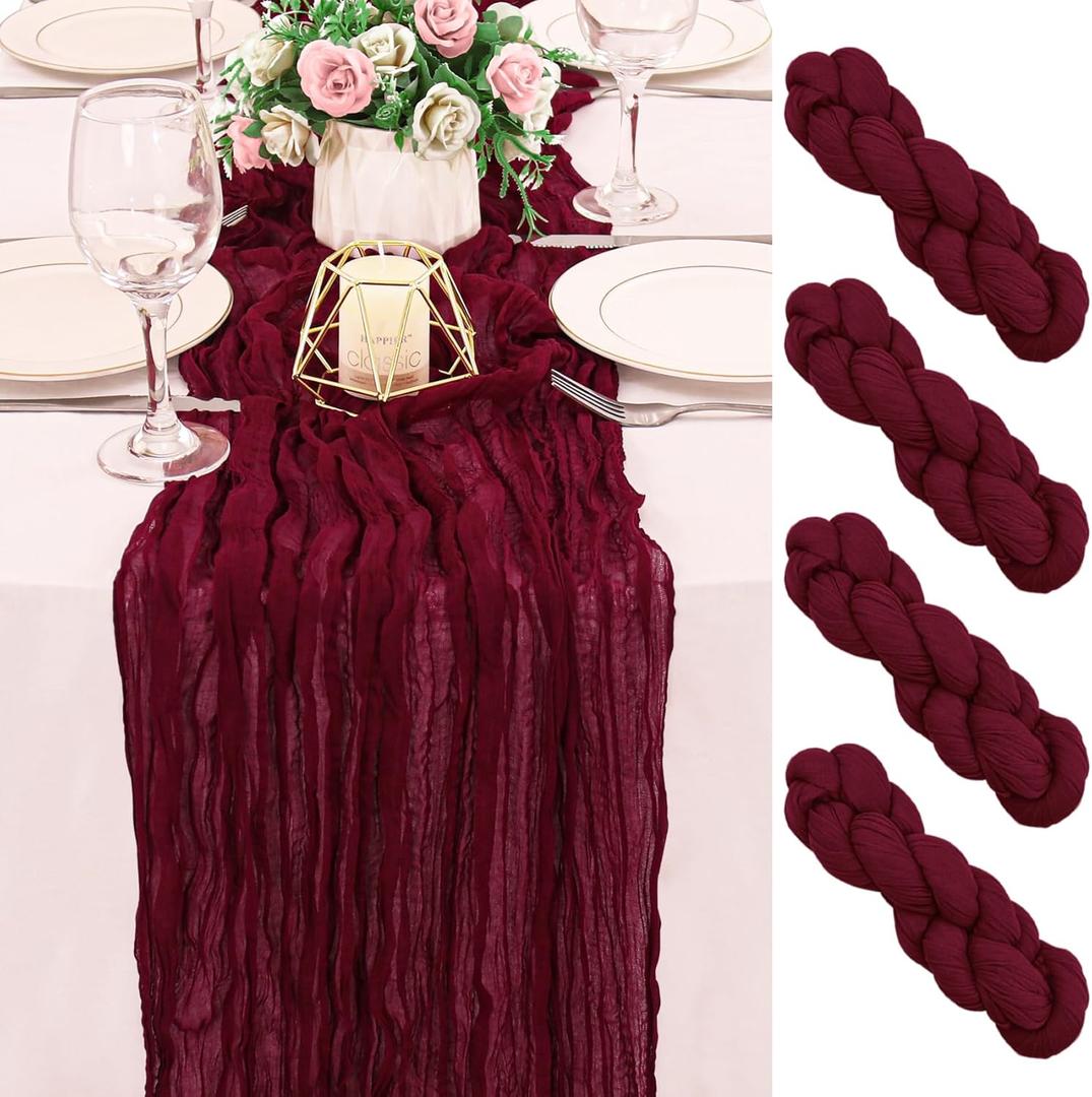 4 Pack 120 Inch Burgundy Cheesecloth Table Runner Boho Rustic Gauze Sheer Romantic 10 FT Long Cheese Cloth Table Runner for Bridal Baby Shower Wedding Party Birthday Holiday Home Easter Decor