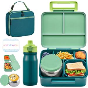 Bento Lunch Box for Kids with 8oz Soup Thermo, Leak-proof Lunch Food Containers with 5 Compartment, Insulated Lunch Bag & 17oz Stainless Steel Water Bottle for School, Trvael (Green)