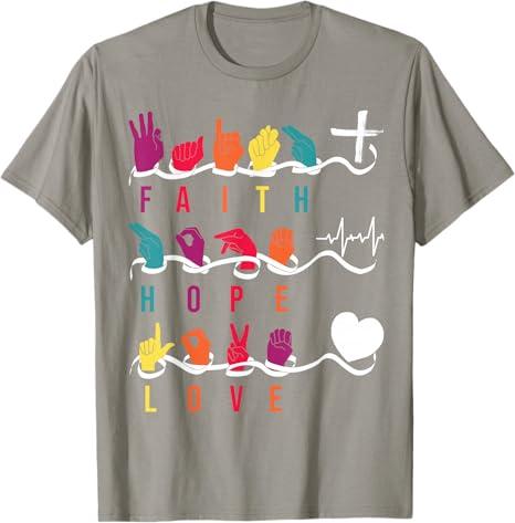 Faith Hope Love ASL American Sign Language T-Shirt, 1X, Grey
