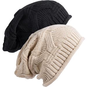 Senker Fashion Beanie Hats for Women, Winter Slouchy Knit Beanies Warm Fleece Lined Chunky Oversized Skull Cap Gifts (Black Beige)