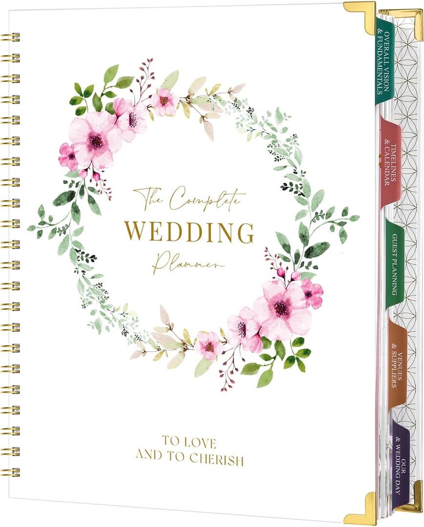 Wedding Planner for Bride - Wedding Planning Book and Organizer, 8.5" x 11" with Tabbed Sections, Metal Corner, 5 Inner Pockets, Sticker, Wedding Countdown Calendar (White-Floral)