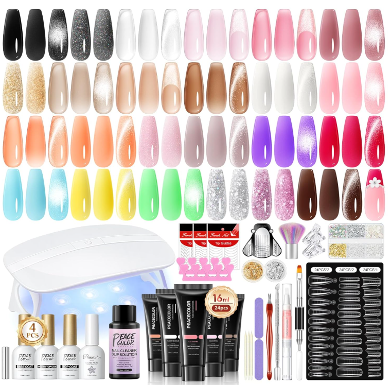 PEACECOLOR 50Pcs Poly Nail Gel Kit with U V Light 24 Colors 16ml Poly Extension Gel Pink Black Nude With Base Matte Top Coat Starter Kit with Slip Solution Nail Tools DIY For Beginners Home Salon