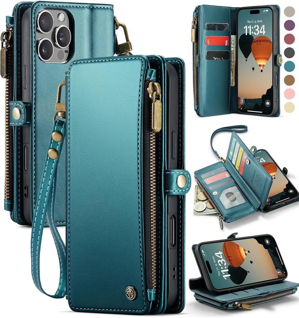 Defencase Compatible with iPhone 16 Pro Case Wallet with RFID Blocking Card Holder for Women Men, PU Leather Magnetic Snap Flip Zipper Strap Wallet Phone Case Fit for iPhone 16 Pro 6.3", Blue Green