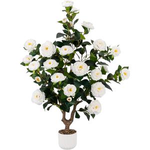 38" Tall Faux Artificial Plants Outdoor Camellia Trees Indoor Fake Tree Potted Plant Bushes with 32 White Blooming Flowers in Pot Home Decor Arboles Artificiales para Christmas Decoracions