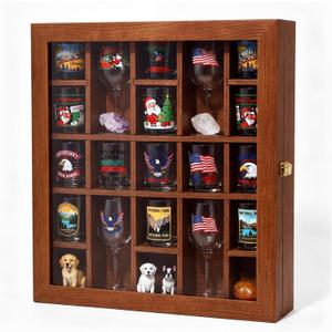 Maxdot Brown Shot Glass Display Case with Removable Shelves, 21 Slot