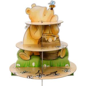 Bear Cupcake Stand Holder 3 Tier Party Decorations - Paper Material, Hexagonal Shape, Brown Color - Suitable for Baby Shower, Birthday Party