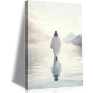 Jesus Canvas Wall Art Jesus Walking on Water Wall Decor Painting Christian Spiritual Poster Prints Modern Religious Pictures Wall Art for Living Room Bedroom Church Decoration 12x16in