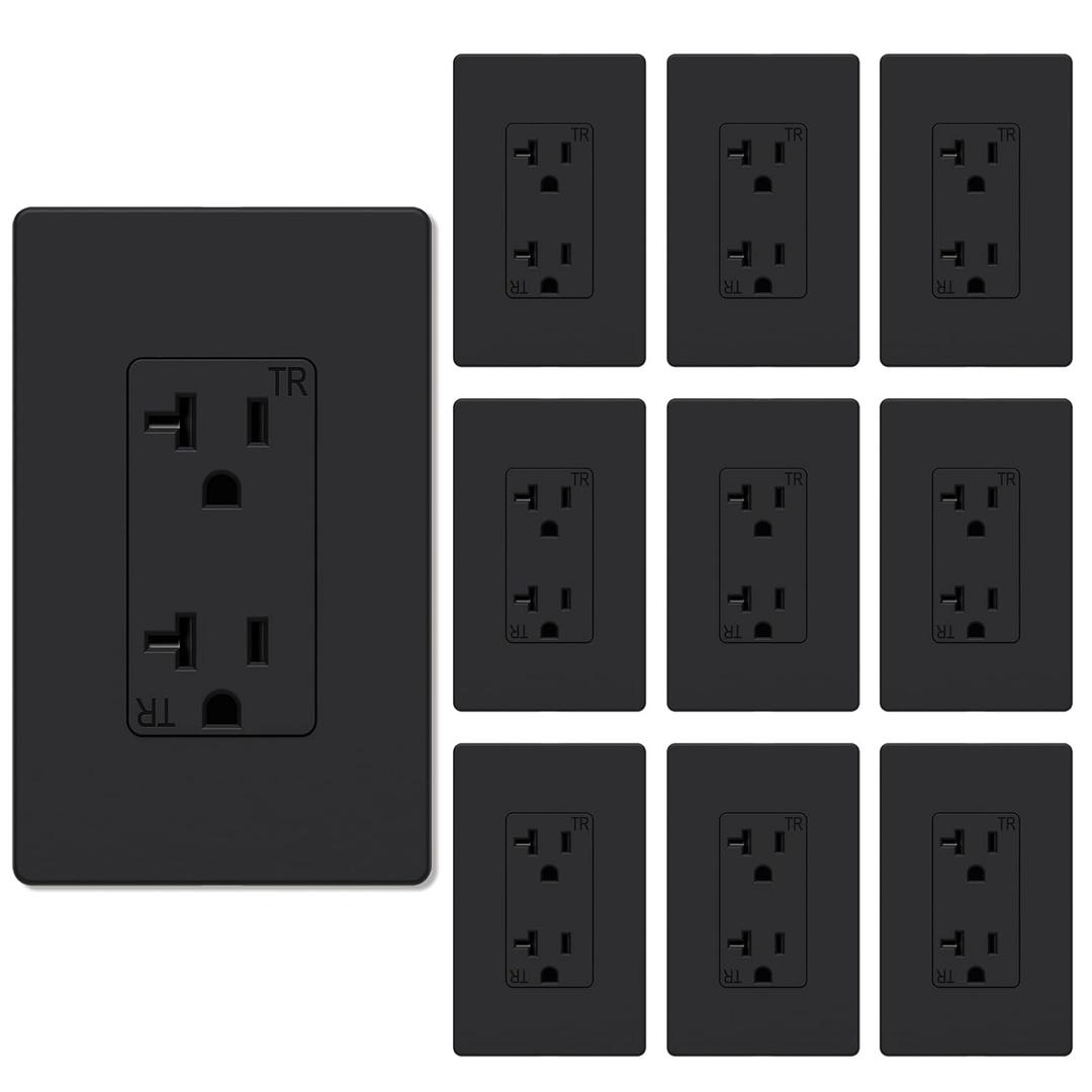 WEBANG 20 Amp Decorator Wall Outlet, Tamper Resistant Duplex Receptacle Outlet, Includ Screwless Electrical Outlet Plate, 20A 125V 2 Pole 3 Wire, Self-Grounding, ETL Listed, Matte Black, 10 Pack