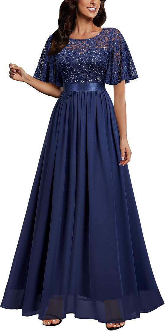 Miusol Women's Elegant Sequin Lace Butterfly Sleeve Formal Evening Maxi Dress (A-navy Blue)