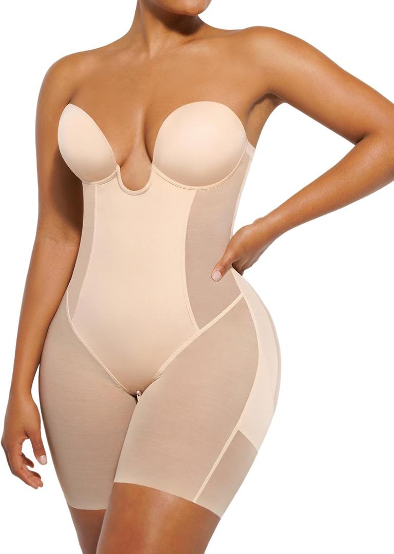 SHAPELLX Strapless Shapewear for Women Deep Plunge Corset Tummy Control Backless Bodysuit Mid Thigh Full Body Shaper (Beige, M)