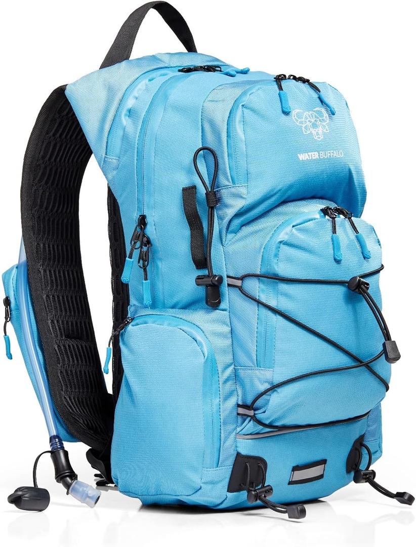 Water Buffalo Hydration Backpack - Sherpa 22L Hiking Backpack with Water Bladder - Water Backpack for Hiking with Waterproof Zippers, Phone & Pole Holders (Medium, Light Blue)