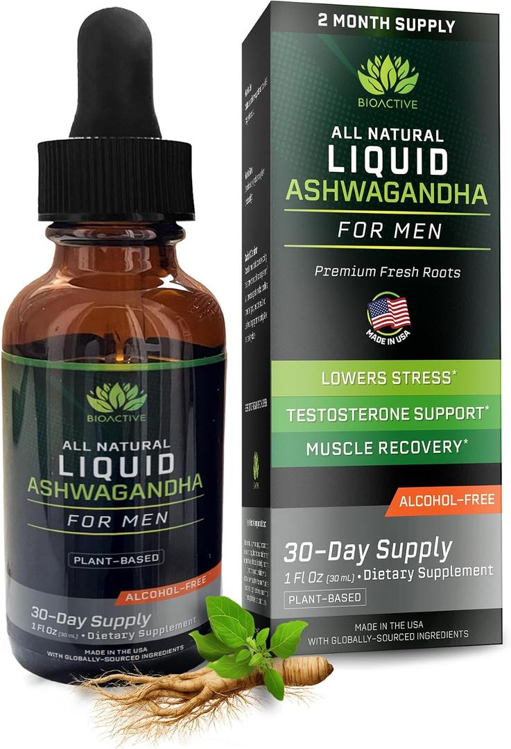 BIOACTIVE Liquid Ashwagandha Supplement Drops - Testosterone Booster For Men* - Adaptogen for Stress Support, Men’s Wellness - Organic, Vegetarian, Gluten Free, Non-GMO, 59 Servings (1 Oz, Unflavored)