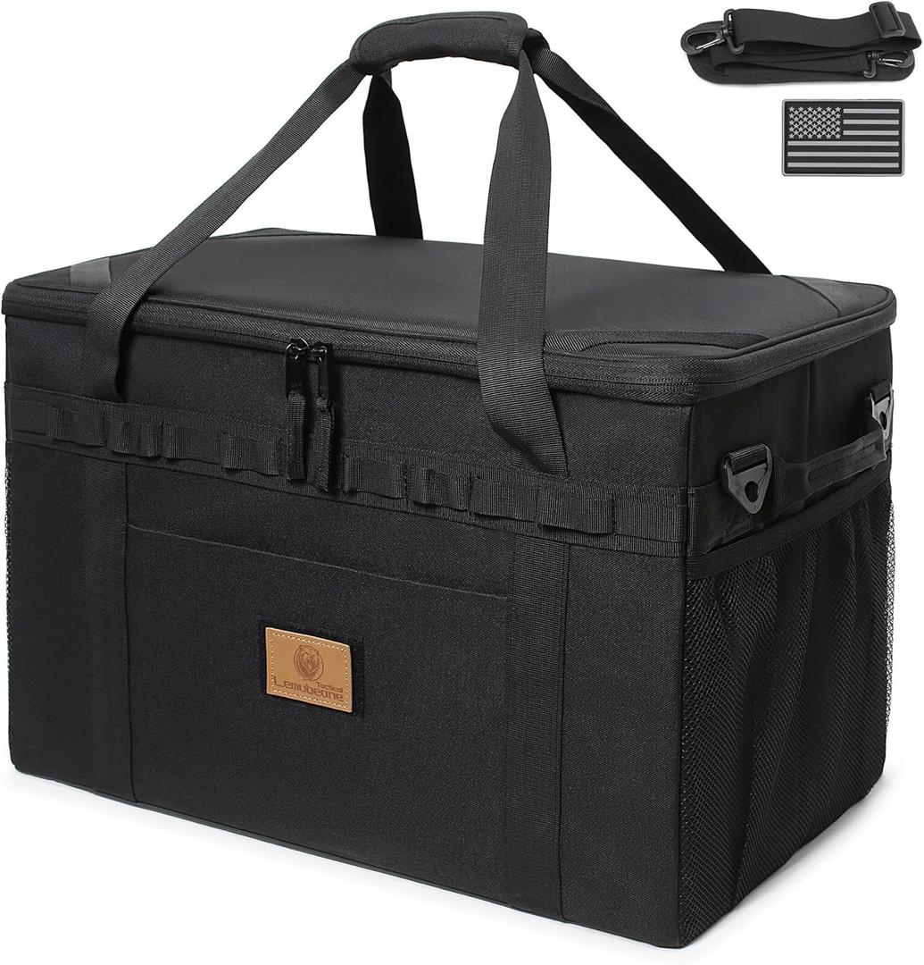 Tactical Camping Storage Bag Utility Tote Bag Camping Kitchen Organizer with Axe Holder & Shoulder Strap (Medium (38L), Black)