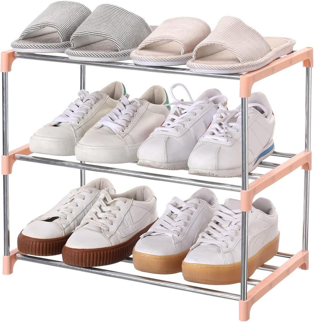 Stackable Small Shoe Rack, Entryway, Hallway and Closet Space Saving Storage and Organization (3-Tier, Pink)