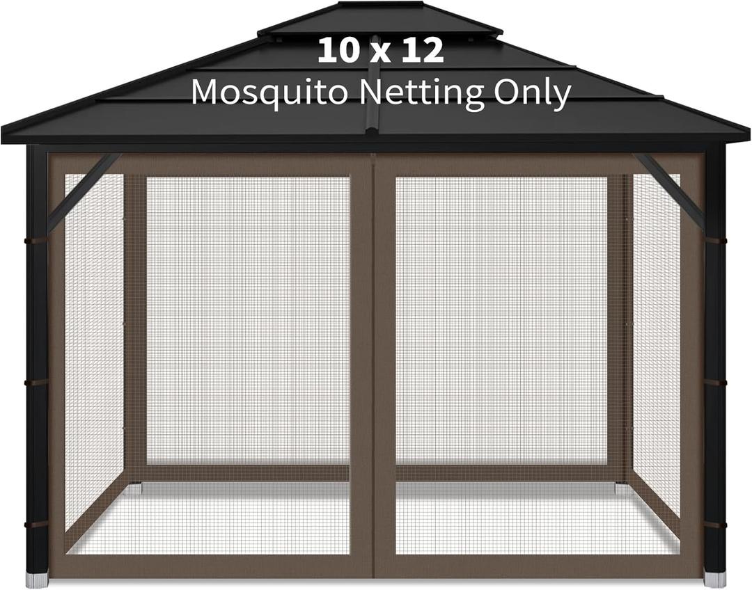 Gazebo Replacement Mosquito Netting Outdoor Universal Gazebo Canopy 4-Panels Screen Sidewalls with Zipper for Patio Garden (Coffee, 10x12)