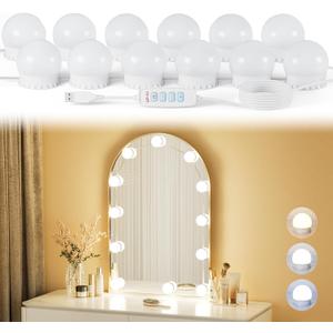 12 Bulbs LED Vanity Lights for Mirror, 3000K 4000K 6500K & 10-Brightness, Wire Length Adjustable, USB Cable, Hollywood Mirror Lights for Makeup Dressing Room Bathroom, White