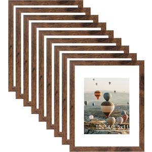 10x14 Picture Frame Set of 9 for 30 x 40 cm Diamond Art Painting, Display 8.5x11 with Mat or 10x14 without Mat, Wood 10 by 14 Wall Gallery Poster Photo Frames Bulk with 8.5x11 Mat,9 Pack, Deep Brown