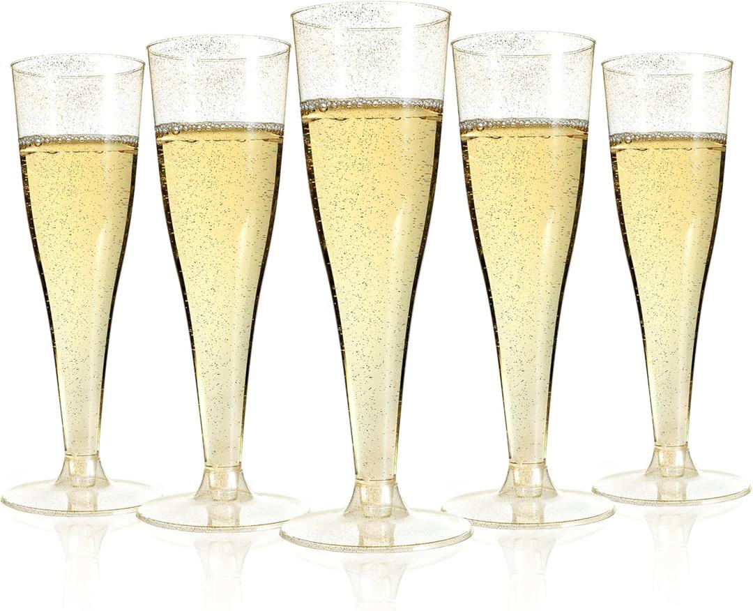 Bestluck 25 Pack Champagne Flutes Plastic, 4.5 oz Gold Glitter Plastic Disposable Stemware, Disposable Champagne Flutes for Party, Mimosa Bar, Wedding, Anniversary and Graduation