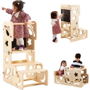 Toddler Tower, Toddler Stool for Kitchen, Kids Learning Wooden Tower, Foldable Weaning Table with Kids Step Stool, Montessori Standing Tower for Bathroom and Kitchen Counter