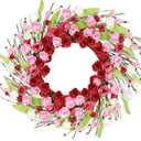 Valentines Day Wreath Decor, 18 inch Artificial Rose with Heart Green Leaf, Valentines Wreaths for Front Door Wedding Anniversary Party Valentines Day Door Wreath Decorations (Rose)