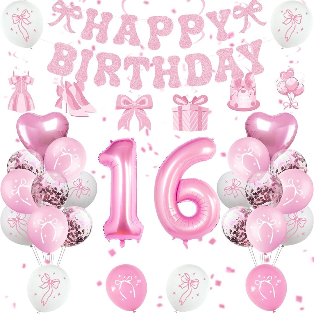 Pink Bow 16th Birthday Decorations Girl, Bow Coquette Birthday Decorations for Girls 16 Birthday, Girl Cute Bow Themed Happy Birthday Party Supplies with Pink Bow Balloons, Banner, Hanging Swirls