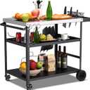 Spurgehom Outdoor Grill Cart, Pizza Oven Stand Table with Wheels Dining Cart for Outside Patio, Movable Kitchen Cooking Prep Table BBQ Cart with Mesh Racks for Home Party, Bar, Camping (Three-Shelf Stainless Steel Top)