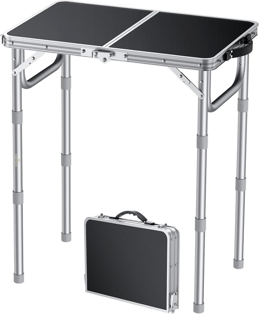 FUNYKICH 2ft Small Folding Camping Table, 3 Height Adjustable Portable Picnic Table, Lightweight Aluminum Outdoor Tables with Carry Handle for Camping, Picnic, BBQ, 58x40cm(L22.8 xW15.7), Silver
