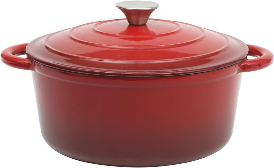 Gibson Home Addlestone 5-Quart Red Enamel Cast Iron Dutch Oven with Lid and Dual Handles  Durable Round Cooking Pot