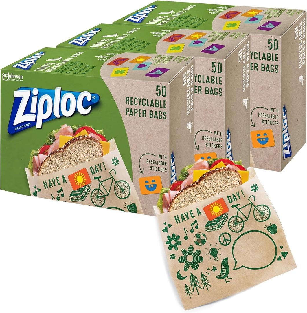 Ziploc Paper Sandwich and Snack Bags, Recyclable & Sealable with Fun Designs, 150 Bags Total (Brown)