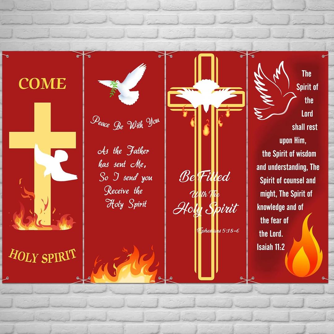 HunnmingRe 4 Pcs Church Banners for Sanctuary Wall Holy Spirit Pentecost Banners Christian Religious Flags Hanging Backdrop Scripture Signs Inspirational Religious Praise Flags for Church Home