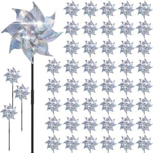 Qualirey 48 Pack Reflective Pinwheels with Stakes Sparkly Pinwheels for Yard and Garden Windmill Wind Spinners Efficiency Reflective Material Deterrents Keep Birds Away Garden Yard Lawn (Silver)