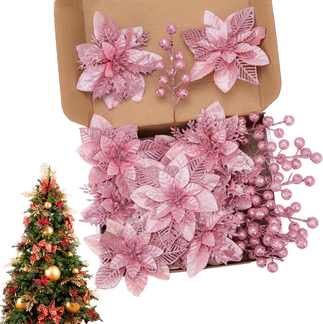 24 Pcs Pink Boxed Christmas Poinsettia Flowers Set, 16 Pcs Artificial Poinsettias with Clips, 8 pcs Glitter Christmas Tree Ornaments Berry Stems for Wedding Home Holiday Xmas New Year Decorations