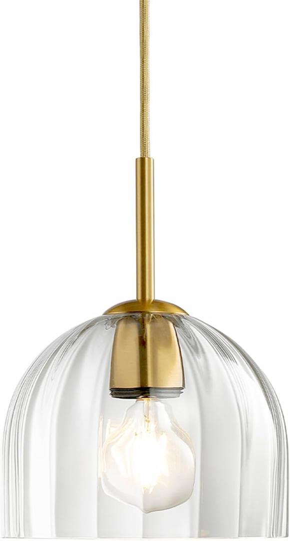 Modern Pendant Light Kitchen Island, 7.86" Bell Lamp Shape Hanging Ceiling Lighting Fixture with Clear Striped Glass Lampshade Dining Room, Warm Brass Finish (20CM)