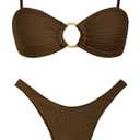 ZAFUL Women's Bandeau Tie Spaghetti Strap Bikini Textured O Ring Ruched High Leg Swimsuit Cheeky Bathing Suits (Brown, S)