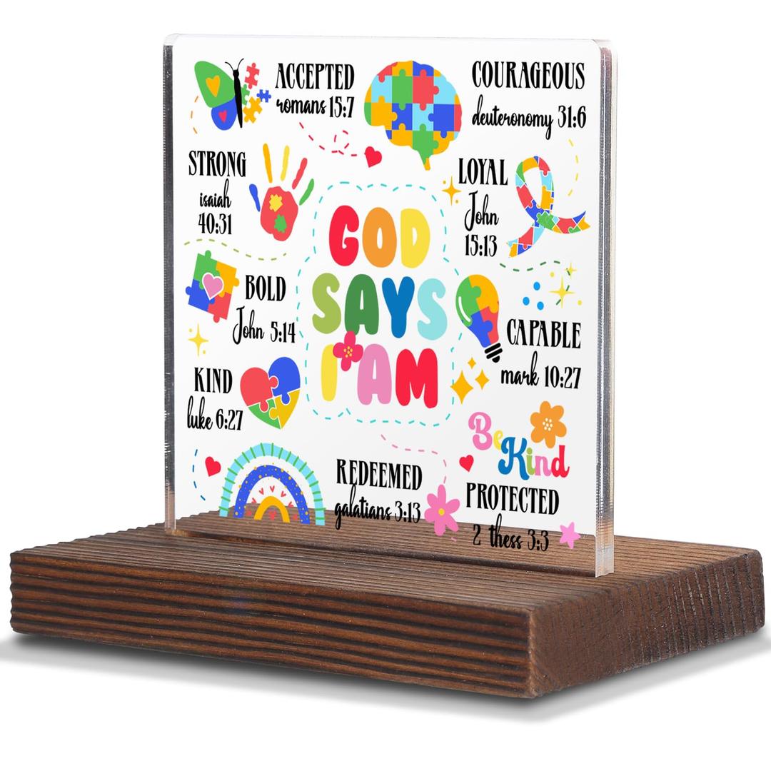 God Says I Am Autism Encouragement Gift, Inspirational Christian Sign for Kids Teens Adults, Religious Affirmation Desk Decor for Neurodivergent Support SWS111