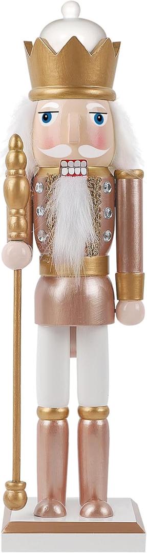 Joliyoou 15 inch Christmas Nutcracker, Wooden Nutcracker King Holding A Sceptre, Rose Gold Traditional Hand-Painted Festive Decorations for Table, Mantel and Xmas Party