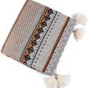 Knitted Throw Blanket Vintage Tassel Bohemian Ethnic Style Geometric Pattern Cozy Armchair Cover Warm Throws for Sofa Couch Bed Shawl Blanket 130x110cm (Small, Brown)